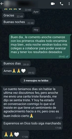 Captura de WhatsApp de una clienta contando que volvió a hablar con su pareja